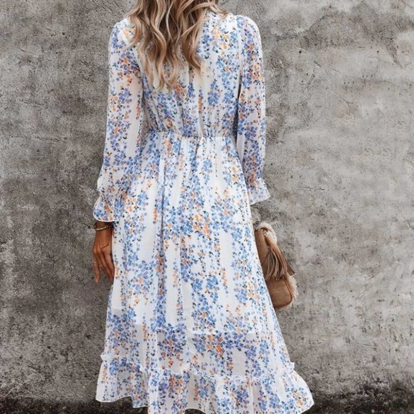 white blue Shabby Chic Cottagecore Floral Ditsy Ruffle Hem Dress - Picture 5 of 6